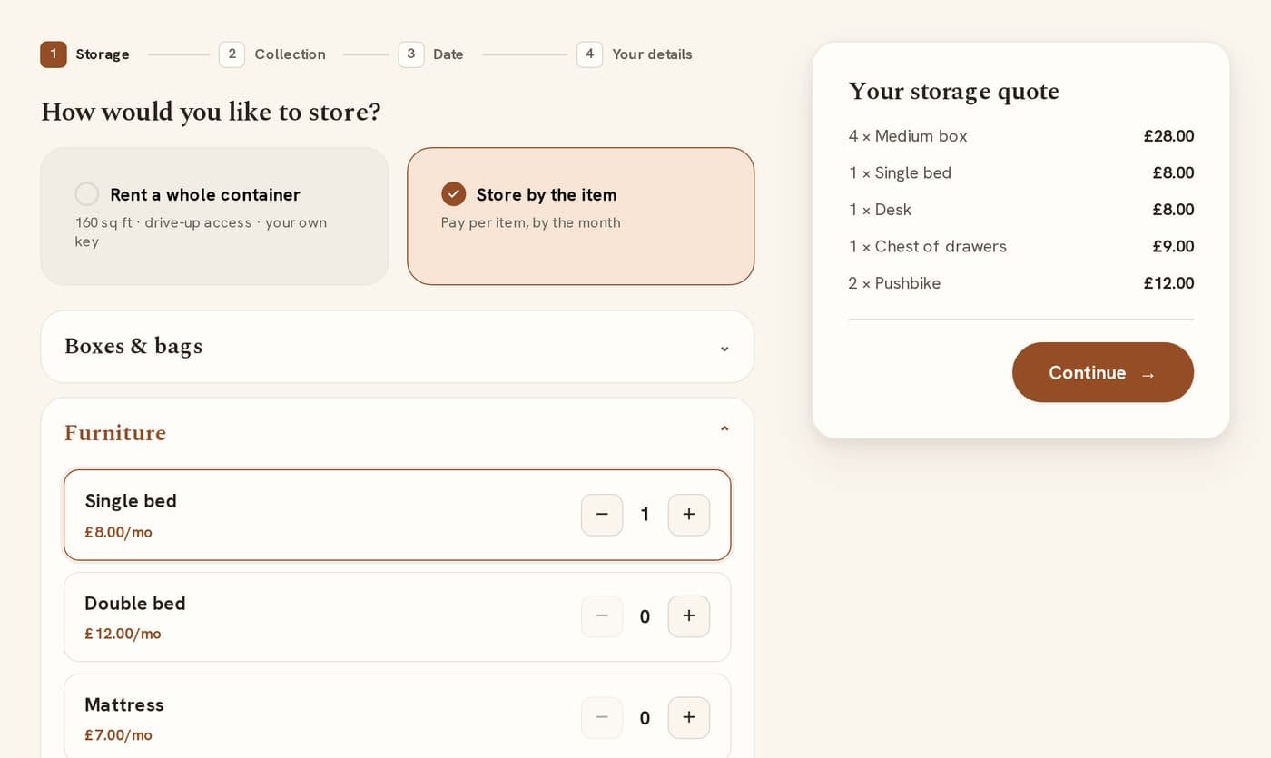 Squirrel Self-Storage quote calculator with a list of furniture and a running monthly total of items chosen
